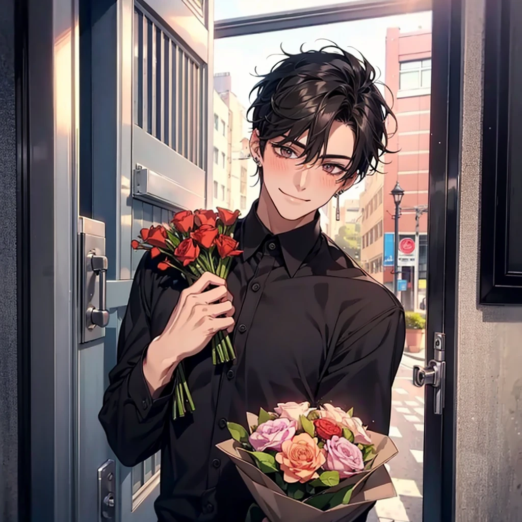 young guy, smiling, giving a bouquet of flowers, blushing, street background, POV you are opening the door to him, handsome, small eyes, black hair, piercings, black shirt, strong, tall, manly face