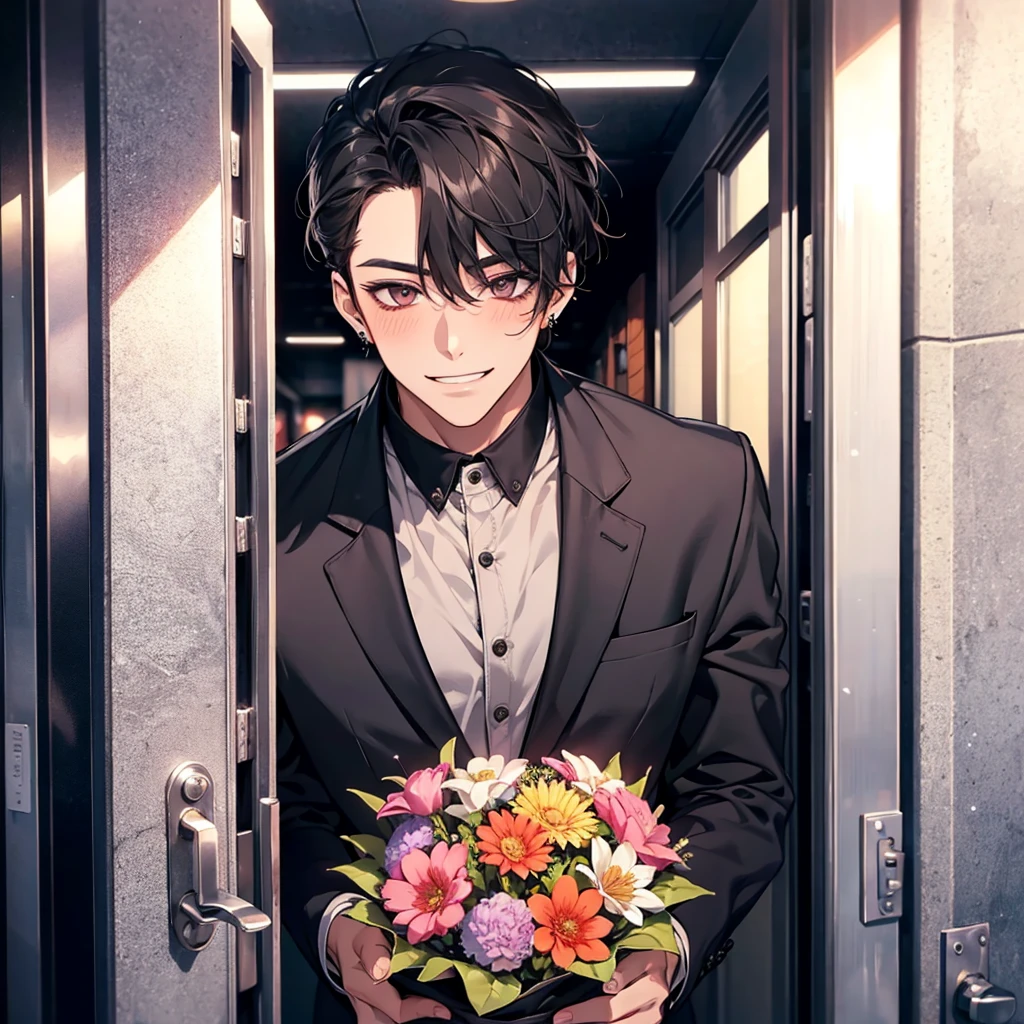 young guy, smiling, giving a bouquet of flowers, blushing, street background, POV you are opening the door to him, handsome, small eyes, black hair, piercings, black shirt, strong, tall, manly face
