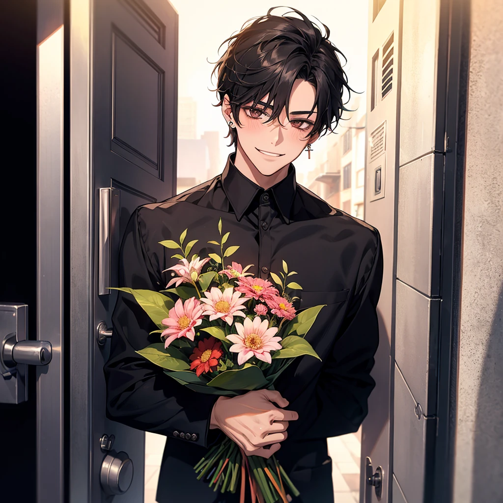 young guy, smiling, giving a bouquet of flowers, blushing, street background, POV you are opening the door to him, handsome, small eyes, black hair, piercings, black shirt, strong, tall, manly face