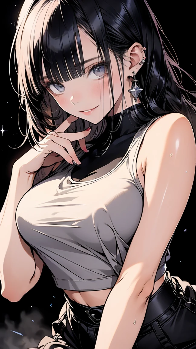 ((((highest quality)))), (((Ultra-precision CG 16K))), (((masterpiece))), (((Very detailed))), (((Extremely detailed))), (((Black outline:1.3, Written boundary depth:1.3 , Written soft outline, sharpness))), Maximum clarity and sharpness, Multilayer Texture, Surface Shading, Cinematic lighting, Beautiful details sparkle ,Perfect Proportions, Limited to one woman, BREAK accurate, Anatomically correct, Highly detailed face and skin texture, drawn in detail, Highly detailed facial and skin texture, Detailed eyes, beautiful hair, Beautiful Japanese Idol face, Beautiful and beautiful eyes, Beautiful body, Beautiful breasts, Beautiful thighs, Beautiful legs, Beautiful fingers, (Beautiful views) , skinny body, ((Beautiful Skin)), ((Skin Texture)) BREAK breast enlarged, medium Breasts, rocket breasts, (((perky breasts))), ((covered nipples)), slender waist, ( narrow eyes, blush, determined expression, hot, sweaty , Heavy breathing,) , (streaked hair, hair intakes, colored inner hair, ) BREAK (((wearing oversized printed sexy tank top , wearing wide-leg-pants, breasts is covered by outfit))) , wearing earrings, (((tanned skin, tan lines))) , BREAK ( stick breast out, bending over, ),(((looking at viewer, super detailed background , ))), BREAK (((portrait , close-up of face, bust-up shot, looking at viewer, )), (natural make), random angle, random situation , pinup magazine pose