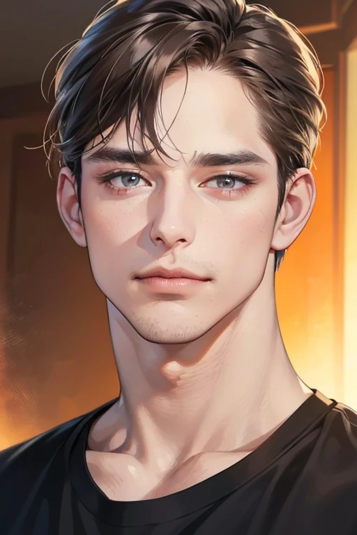 (Best quality,4K,8K,a high resolution,masterpiece:1.2),ultra detailed,(realistic,photorealistic,photo-realistic:1.37),39 year old man,Beautiful anime,portraits,strong,masculine,dark hair,Sharp jawline,Mesmerizing eyes,Perfectly styled hair,confident expression,bright colors,dynamic lighting,Brown eyes,(Black T-shirt),(dark skin),((mature man, man 40 years old)), (square jaw)