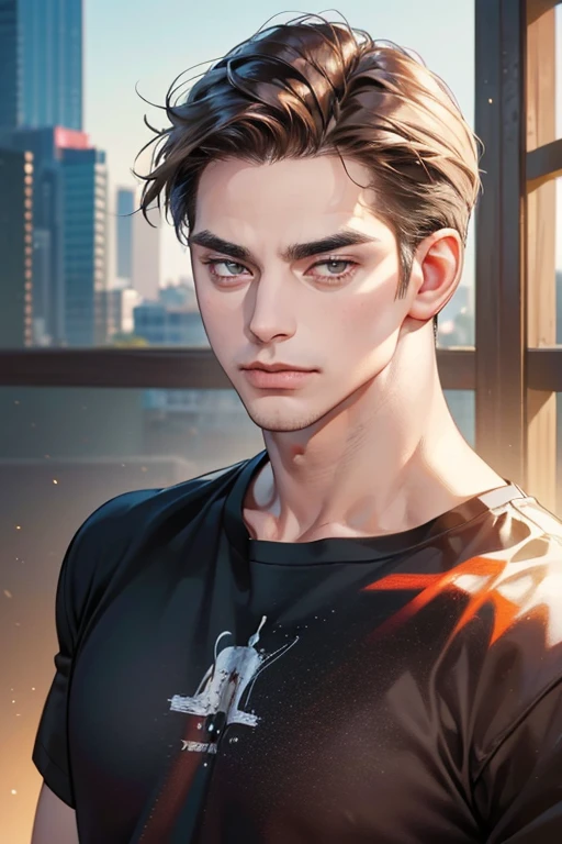 (Best quality,4K,8K,a high resolution,masterpiece:1.2),ultra detailed,(realistic,photorealistic,photo-realistic:1.37),39 year old man,Beautiful anime,portraits,strong,masculine,dark hair,Sharp jawline,Mesmerizing eyes,Perfectly styled hair,confident expression,bright colors,dynamic lighting,Brown eyes,(Black T-shirt),(dark skin),((mature man, man 40 years old)), (square jaw)