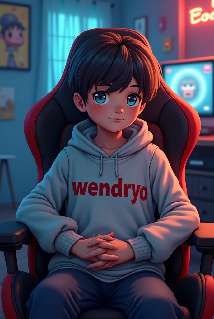 1 boy, sitting in a game chair, with the name wendryo written on the sweatshirt
