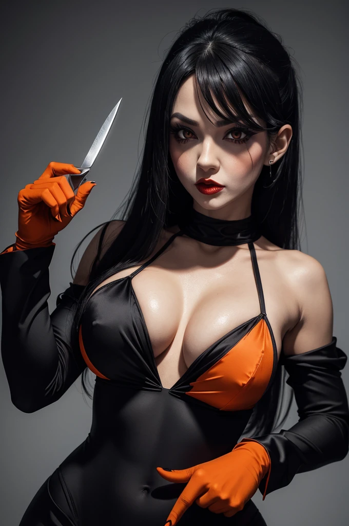 psycho face . mouth biting small lips blood filled eyes clown makeup muscles big buttocks big breasts long sharp black hair orange thin silk suit with plunging u neckline 2 pieces. a knife in the hands