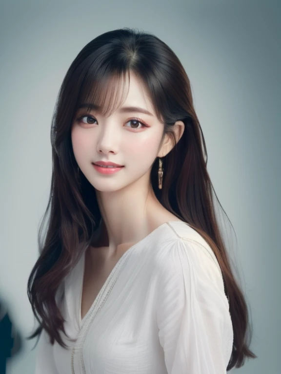 ((photoRealistic:1.3)),((Super detailed)),((sharp:1.5)),1 Female,28 years old, alone, Black Hair, Long Hair, original, Realistic, View your viewers, Upper Body, shirt, white shirt,lips, Brown Hair, parted lips, photo-referenced, Real Life, Simple Background, No makeup, pink lips, Blue background, Gray background, Super Breasts,Look to the side, lipstick, dress,Shadow, Parted bangs.((8k)),((Upper Body)),((thin)),Wearing a white blouse