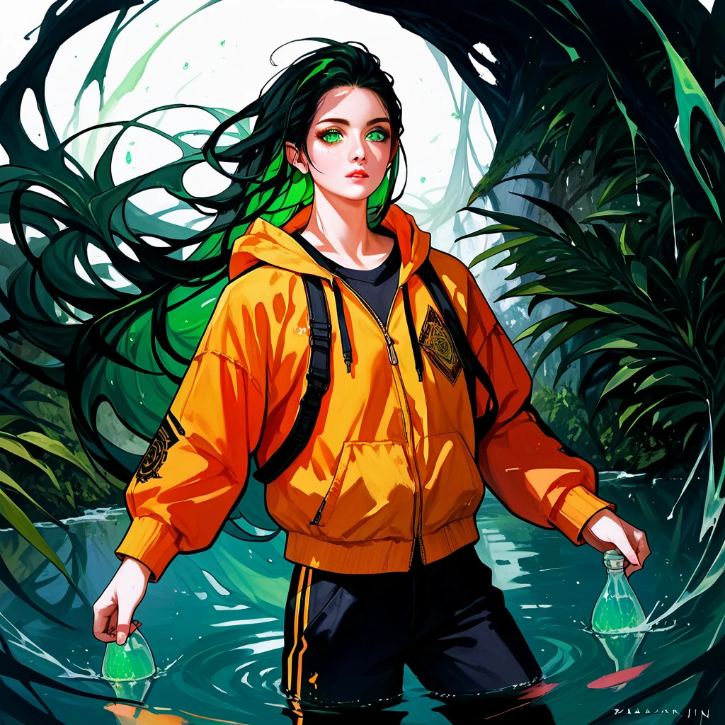 (best quality, irritability ,aesthetic,absurdres),select and generate best screen effect,((1girl,long-deepgreen-hair,green-eyes,orange-hooded-jacket)),,,1boy,(traditional media),realistic,(salar_de_uyuni:1.5),reflective water,standing on liquid,water world,horizon,wide shot,muscular,,