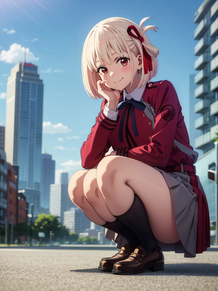 masterpiece, best quality, absurdres, detailed, portrait, 1girl, aachisato, sitting, white panties, squatting, from below, looking down, look at viewer, short hair, hair ribbon, breasts, neck ribbon, smile, closed mouth, blush, collared shirt, lycoris uniform, two-tone dress, red dress, grey dress, long sleeves, red belt, black knee-high socks, brown loafers. outdoors, city, sky, Beautiful background,
