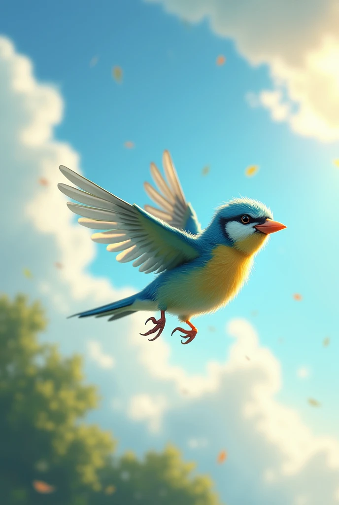 A small bird falling from the sky, its wings spread wide in an attempt to regain balance. The bird's feathers are ruffled, showing the motion and speed of its descent. The background shows a partly cloudy sky with some sunlight breaking through, casting soft shadows on the bird. The bird has vibrant colors, with hints of blue, green, and white. The scene captures the tension and urgency of the moment, with a sense of height and depth in the sky."