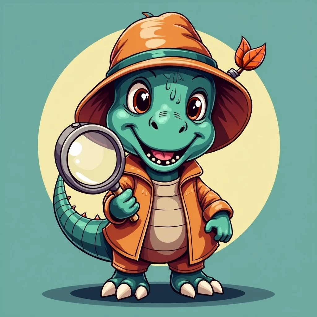 A dinosaur holding a large magnifying glass close to its face
