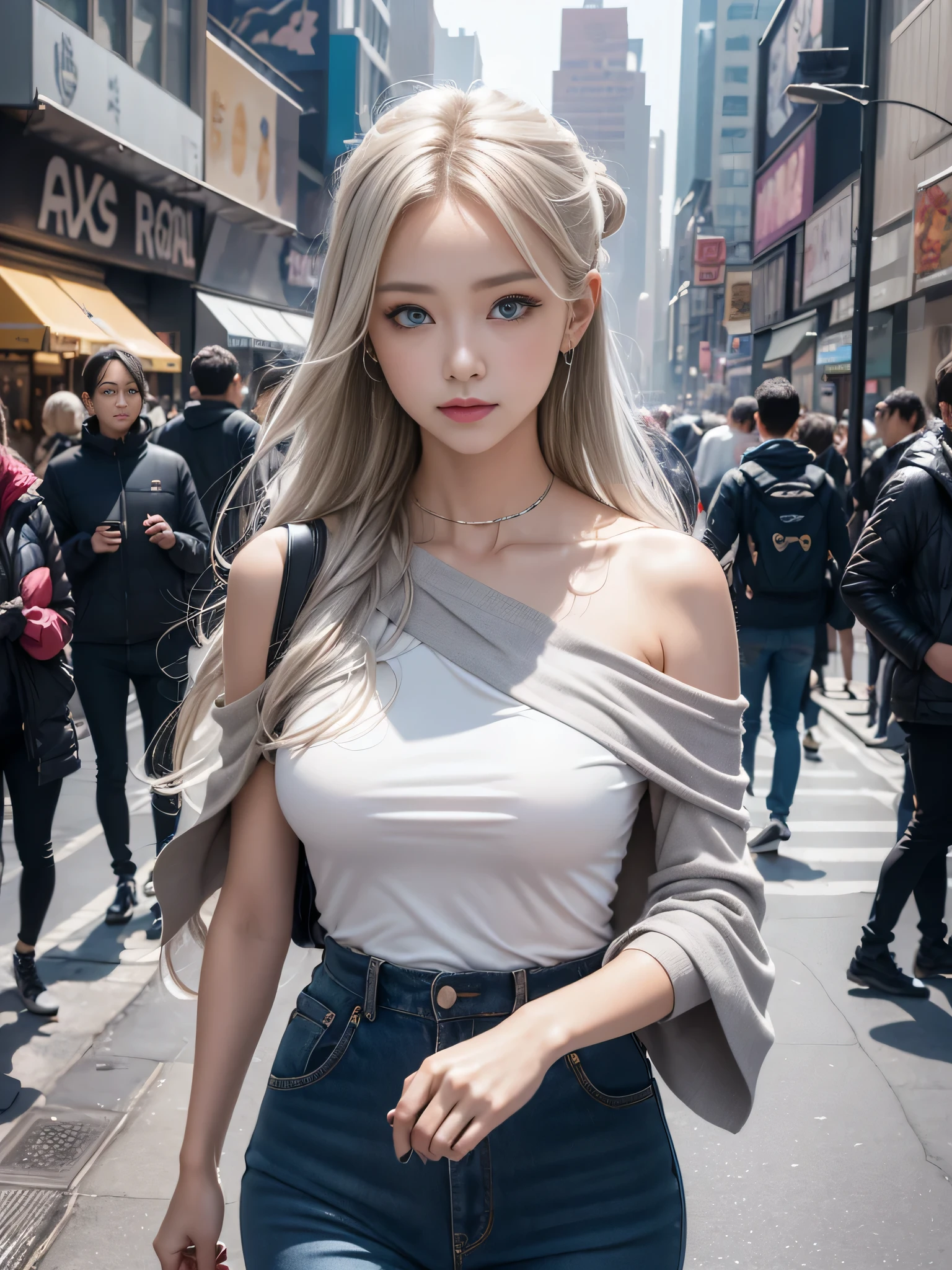 (Woman walking through the streets of New York),Double whirlwind pattern design clothing,iridescent heterochromatic pupils,Silver Haired Girl,Free high resolution,Off the shoulder,Off the shoulder semi-transparent pure white dress,((Semi-transparent off-the-shoulder white floral mini dress)),