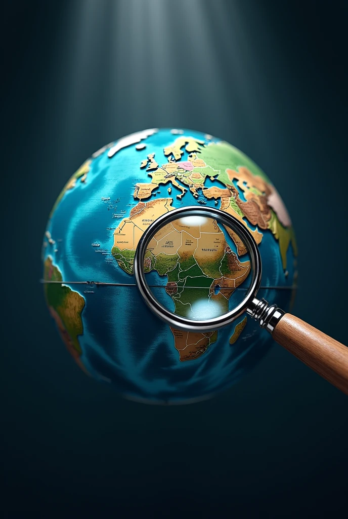 A globe with a magnifying glass or a beam of light, to symbolize the exploration of data and curiosities of the world.