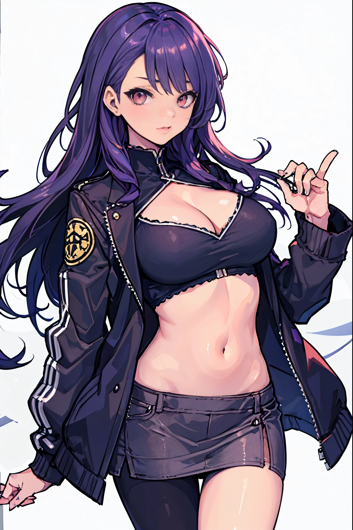 1girl, white background, red eyes, long hair, purple hair, bangs, jacket, crop top, mini skirt, large , cleavagstomach