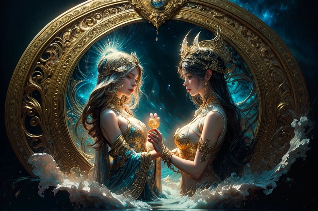 illuminated manuscript shiny gold coloured glass, Diving Into The Ether Flowing with The Eternal Soul Through Vibration of love, everything is cosmically connected, Flowing energy, Spiritual, divine, dreamlike, cosmic, concept art, feminine beauty, godess, pineal gland, dreamlike art, erotic, art nouveau,