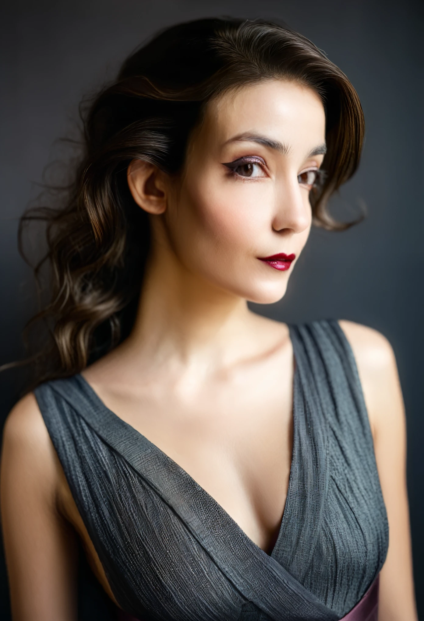 Young Beautiful woman, (Dark waist length long flowing hair), right side hair part, Flowing sleeveless Dress, (close-up, editorial photograph), [[Wide-angle photo]], (background inside dark, moody, private study:1.3), full body portrait, by lee jeffries, nikon d850, film stock photograph, 4 kodak portra 400, camera f1.6 lens, rich colors, hyper realistic, lifelike texture, dramatic lighting, cinestill 800, eye contact, faint smile, 1920s style, , soft makeup, Dark Hazel eyes, Eye contact, young woman
