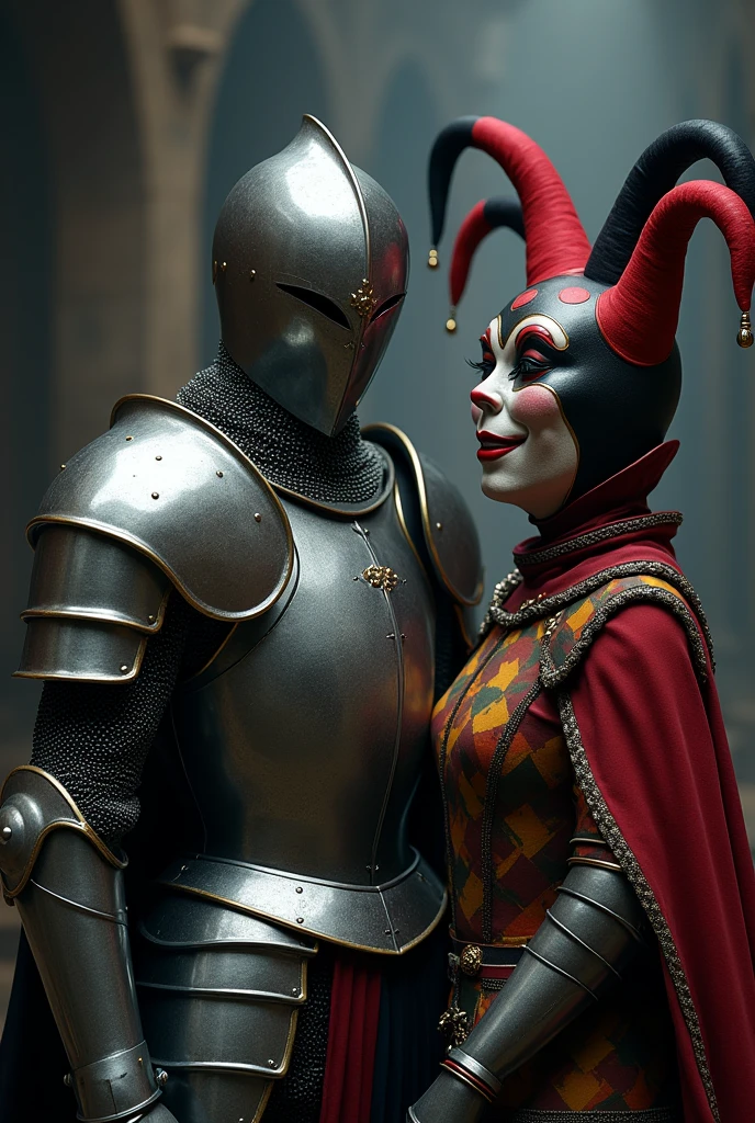 Knight in plate armor and a smiling red and black jester mask 