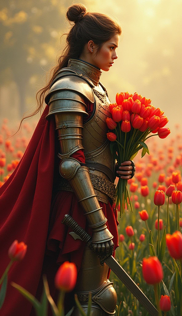 A majestic warrior in shining armors,((She holds a beautiful bouquet of tulips)),((Beautiful tulips)),Standing in the middle of a fierce battle。This scene was inspired by key elements of Gustav Klimt's famous Golden Age。Lively and animated composition,The lines are bold。The color palette used is intense,A perfect display of the warrior's raw power and unwavering determination。This figure uses a variety of digital techniques,Gives a soft and delicate quality,Adding supernatural charm to the turbulent battlefield。Dive into this enchanting fantasy world,Legends are created here,The championship is up for grabs here。Admire the intricate decoration of the warriors' armors、The shining edge of the blade and the vibrant energy of the battle before us。Every stroke of this digital artwork transports you to a world where courage and determination are the norm.。