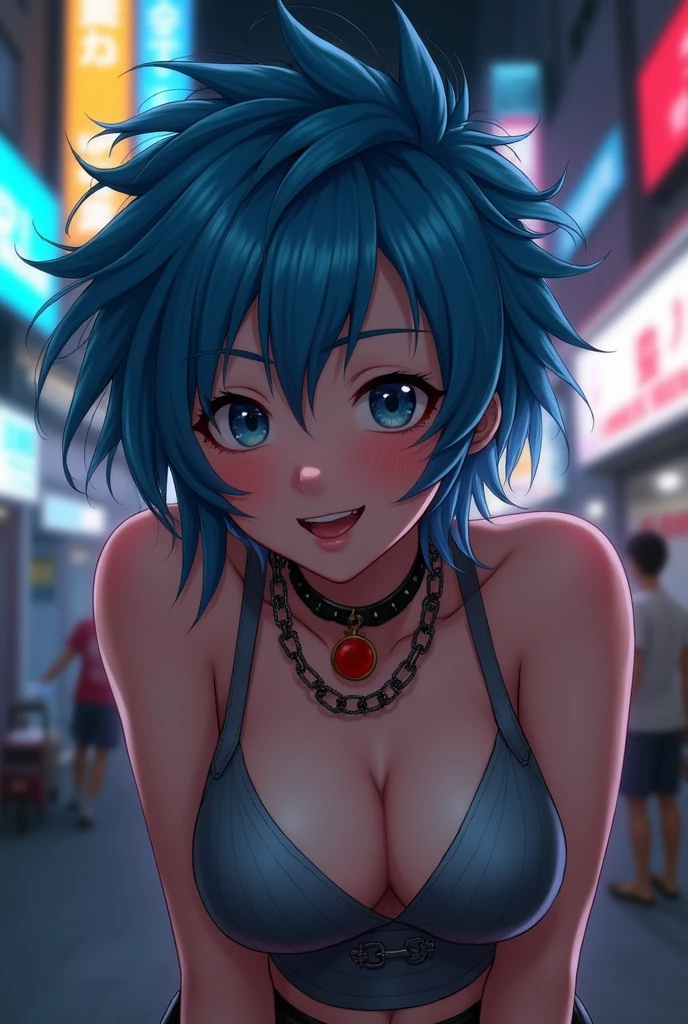 masterpiece, best quality,realistic,absurdres,1girl,looking at viewer,egirl_face, night, street, face detail, face retouch, leaning forward, massive breasts, smiling, laughing, spiky hair with wispy bangs, chains, spiky hair, spiked hair, blush, freckles, blue hair,