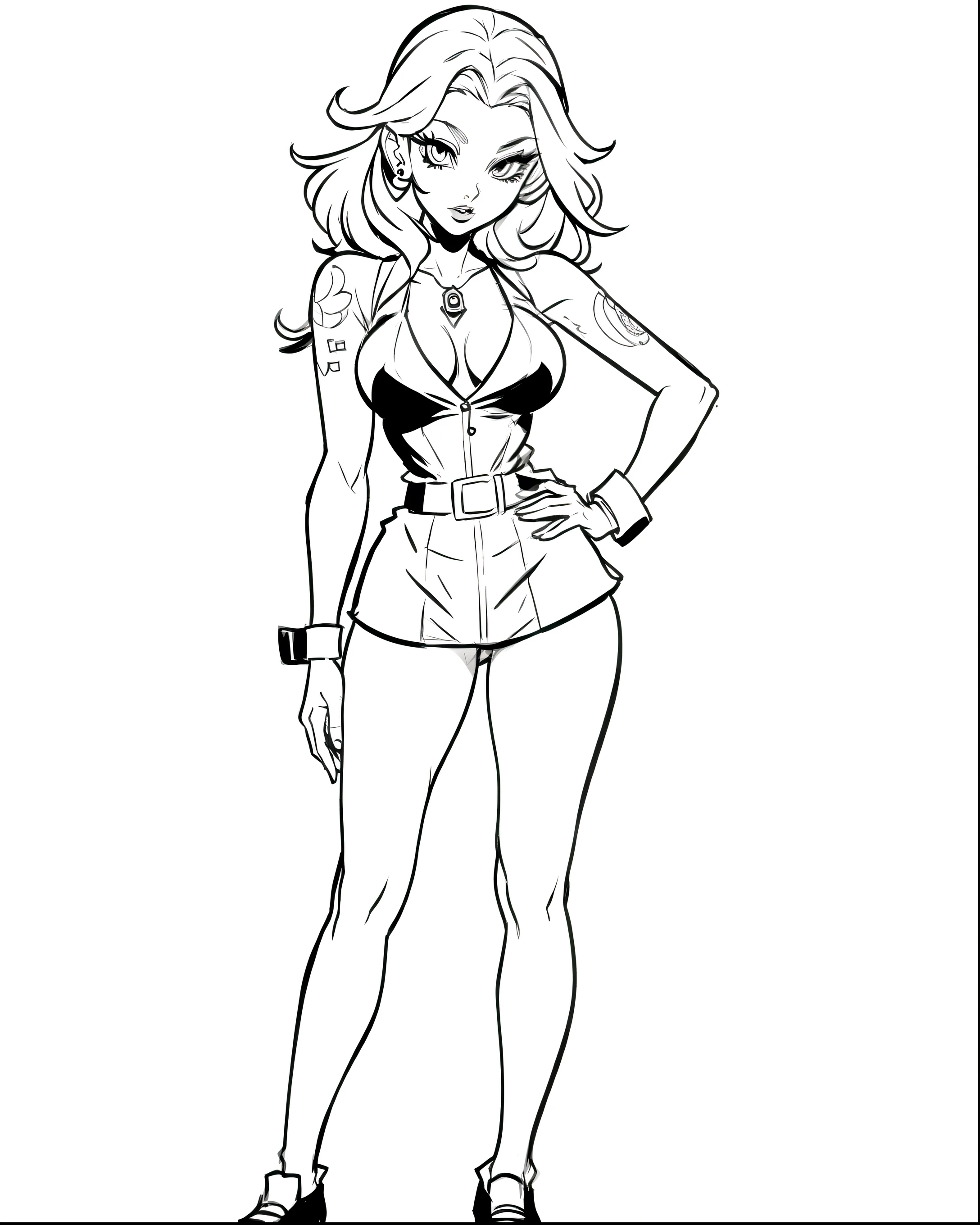 Coloring page for , a pin-up girl tattoo, standing, complete body, for coloring
books, simple line, high contrast, white background
