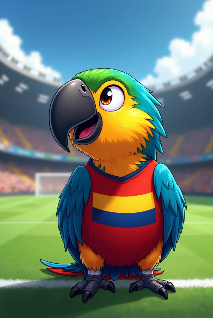 An anime-style macaw drawn with the Colombian national team&#39;s soccer jersey and the background being where corner kicks are taken