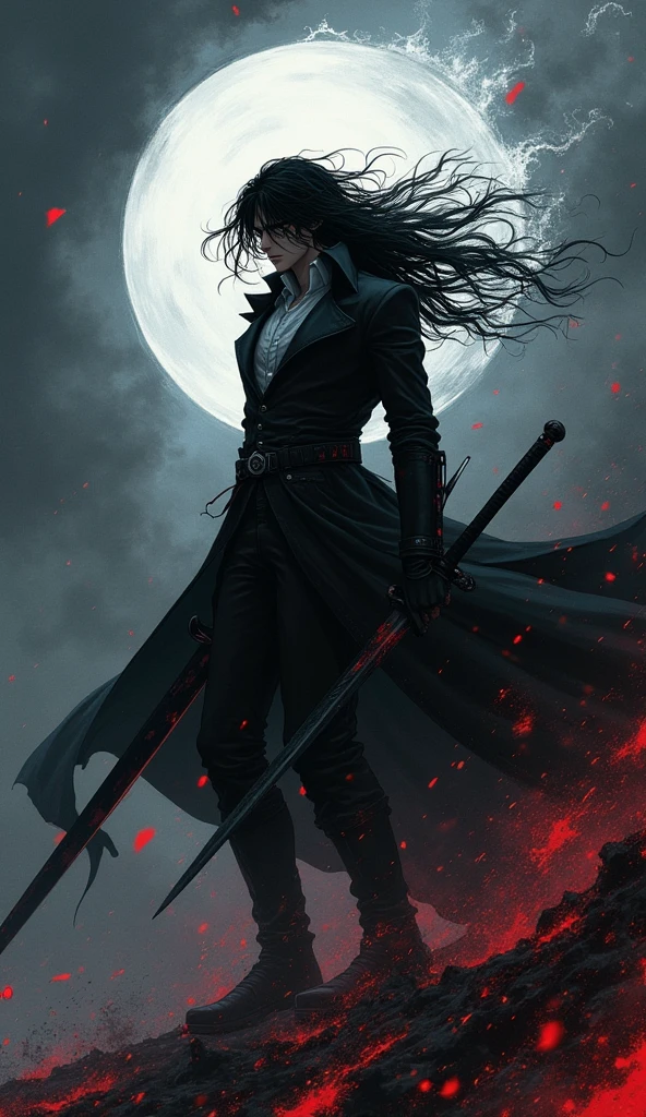"Yoshitaka Amano's full-body illustration of V, the vampire hunter, unleashing his ultimate technique 'Shadow Eclipse'. D, dressed in his iconic long black coat and aristocratic white shirt, stands tall amidst a battlefield shrouded in darkness. His long black hair flows wildly as he grips his long blackened sword, now engulfed in swirling shadows. With a swift motion, V vanishes into the shadows, reappearing behind his enemies to deliver a series of rapid, precise slashes. The final slash unleashes a massive crescent of dark energy, tearing through the battlefield and leaving a trail of devastation. The scene is captured with an EOS 5D digital SLR camera, highlighting the dynamic motion and intense atmosphere."