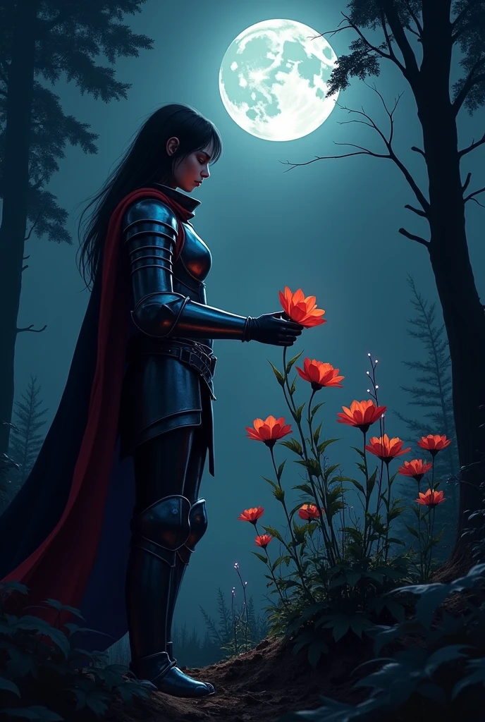 **Prompt:**

Create an image of a knight gently picking a flower in a dark forest, illuminated only by the light of the full moon. Details to include:

- **knightgirl**: A warrior with imposing armor, but with a soft and careful expression. Your armor must reflect the moonlight, highlighting metallic details and wrinkles that suggest use. 
- **flowers**: A vibrant red flower with subtle blue accents, that stands out against the dark background of the forest. The flower should look delicate and luminous., with the moonlight enhancing its colors.
- **enviroment**: a dense and gloomy forest, with tall trees and a land covered in leaves and shadows. The only source of light is the full moon, that casts a silvery glow, illuminating the knight and the flower he is picking.
- **Lighting**: The moonlight should create a dramatic contrast with the darkness of the forest., focusing attention on the knight and the flower. The light should give a magical and ethereal tone to the scene., highlighting the beauty of the flower and the serenity of the moment.

The knight must convey a gesture of kindness and respect, in harmony with the quiet and mysterious atmosphere of the forest under the moonlight.