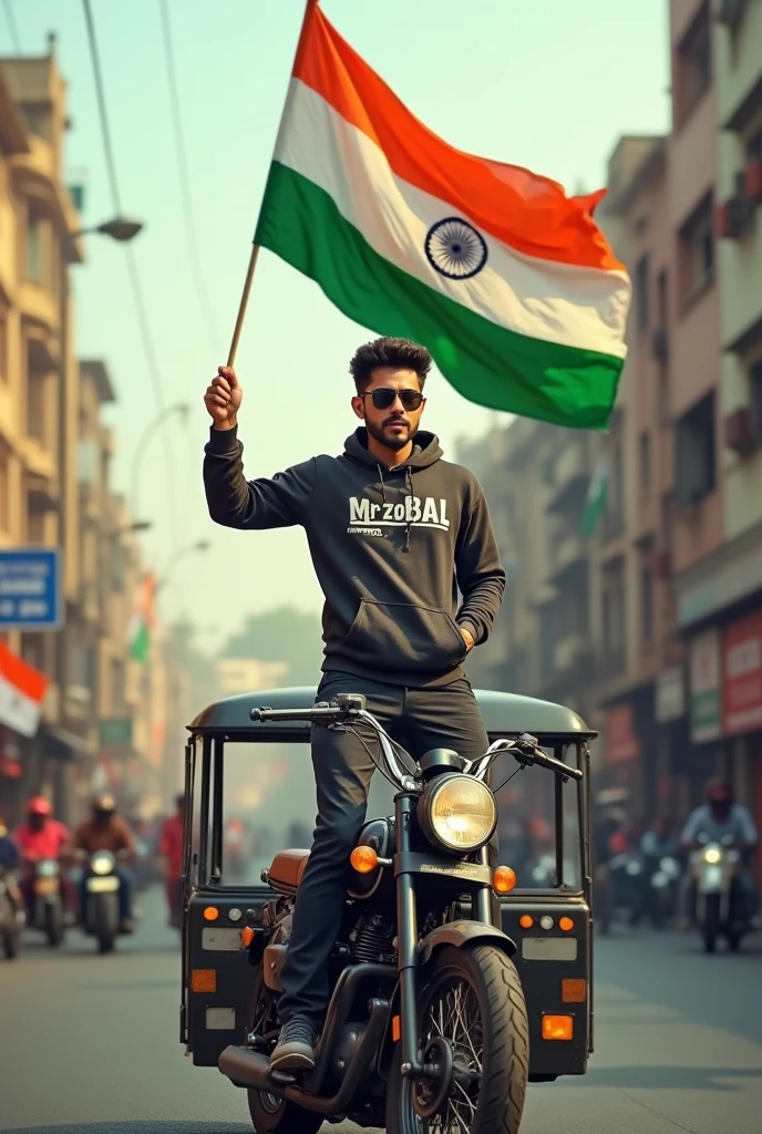Realistic image of an Indian city road in the background. A beautiful young man stands through the hood of a Thar bullet bike, holding a 15 August Indian flag. He is dressed in a 15 August-themed hoodie and pants with ‘Mr-zoBAL’ printed on the hoodie, wearing black sunglasses. The scene is vibrant and patriotic, capturing the essence of India’s Independence Day.”

