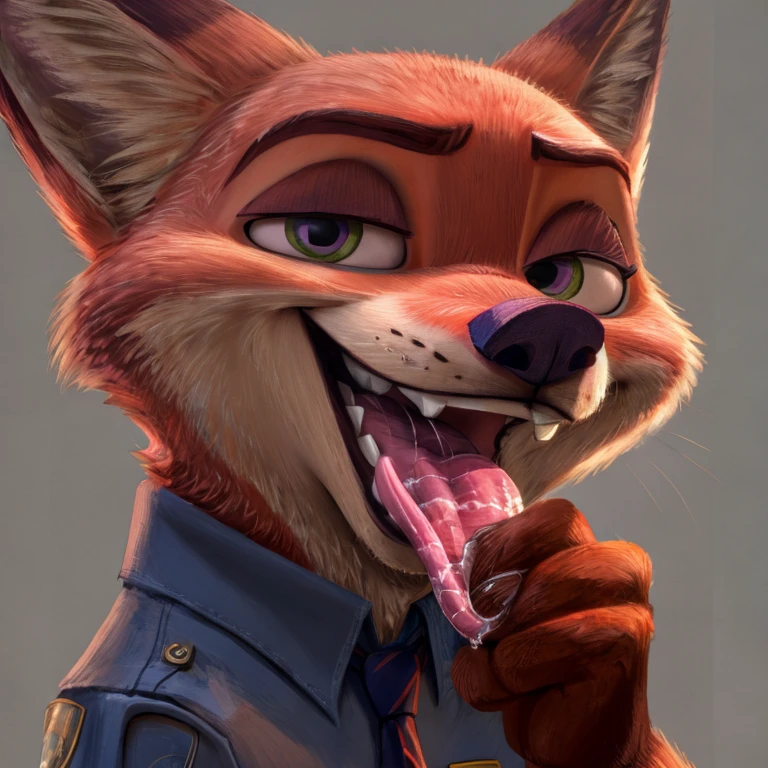 Nick Wilde (Zootopia), Disney Animation, 2D, Looking at viewer, Open Mouth, Tongue Out, Long Tongue, Wide-Eyed, Wolf Ears, Anatomically Correct, Seductive Smile, Grabbing tongue with fingers, Saliva Trail, Raised Eyebrow, Oral Invitation, Simple background, Character Design, Illustration, High Resolution, Super Detailed, Textured Skin, Eye Level Shot, Single Shot, Medium Close Up