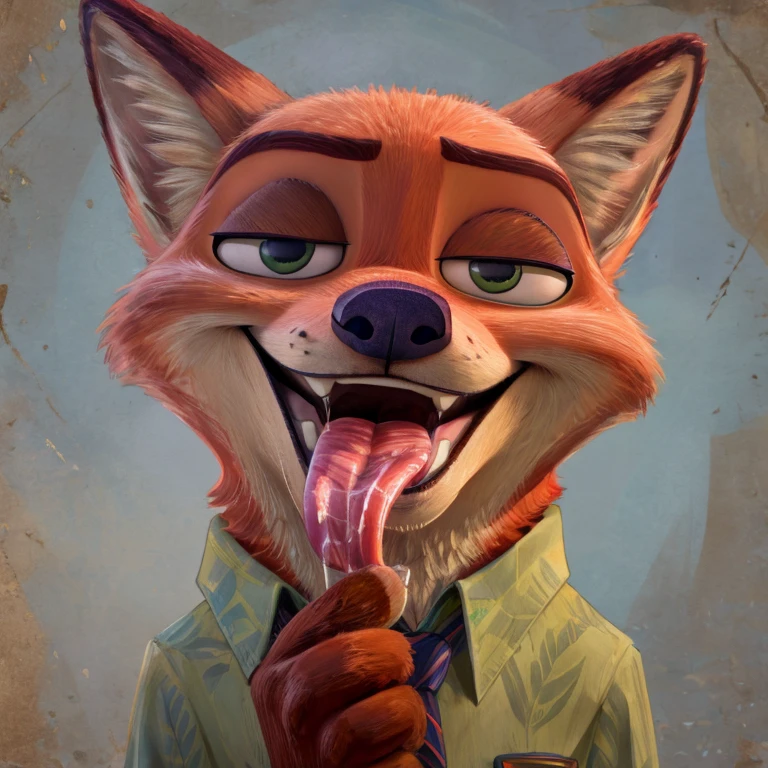 Nick Wilde (Zootopia), Disney Animation, 2D, Looking at viewer, Open Mouth, Tongue Out, Long Tongue, Wide-Eyed, Wolf Ears, Anatomically Correct, Seductive Smile, Grabbing tongue with fingers, Saliva Trail, Raised Eyebrow, Oral Invitation, Simple background, Character Design, Illustration, High Resolution, Super Detailed, Textured Skin, Eye Level Shot, Single Shot, Medium Close Up