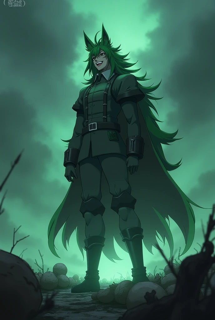 Anime Chiyu Mahou No Machigatta Tsukaikata, the character Rose (Very tall character, emerald green fur , threatening smile,a cold and dark look,military clothing , fighting pose,He doesn't have a beast's ear ,On the battlefield , stop at corpses)