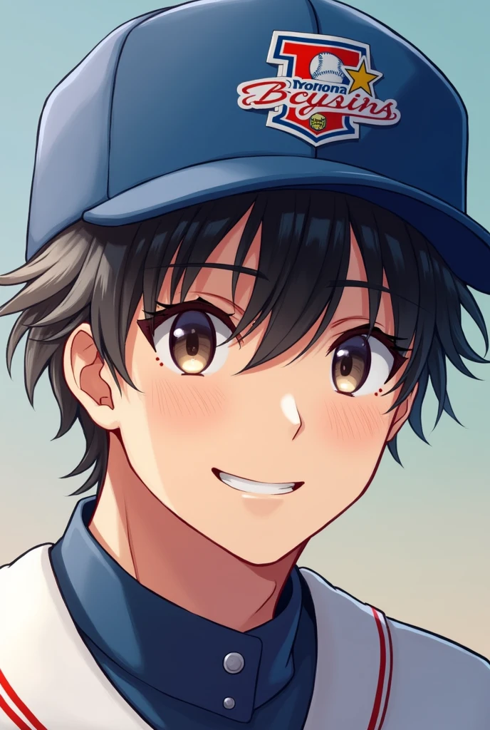 Young man wearing a Yokohama DeNA Baystars hat, cute, black hair