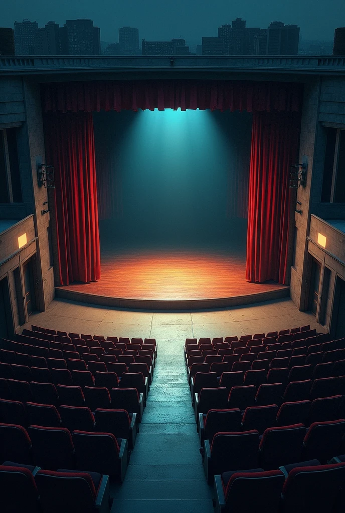 theater map, current modern theme, seen from above, role-playing game, empty location, nighttime environment,