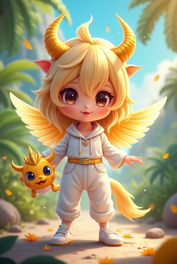 Free Fire female character, with golden horns, yinyan dorado, white angelic pants and white sneakers.
chibi style