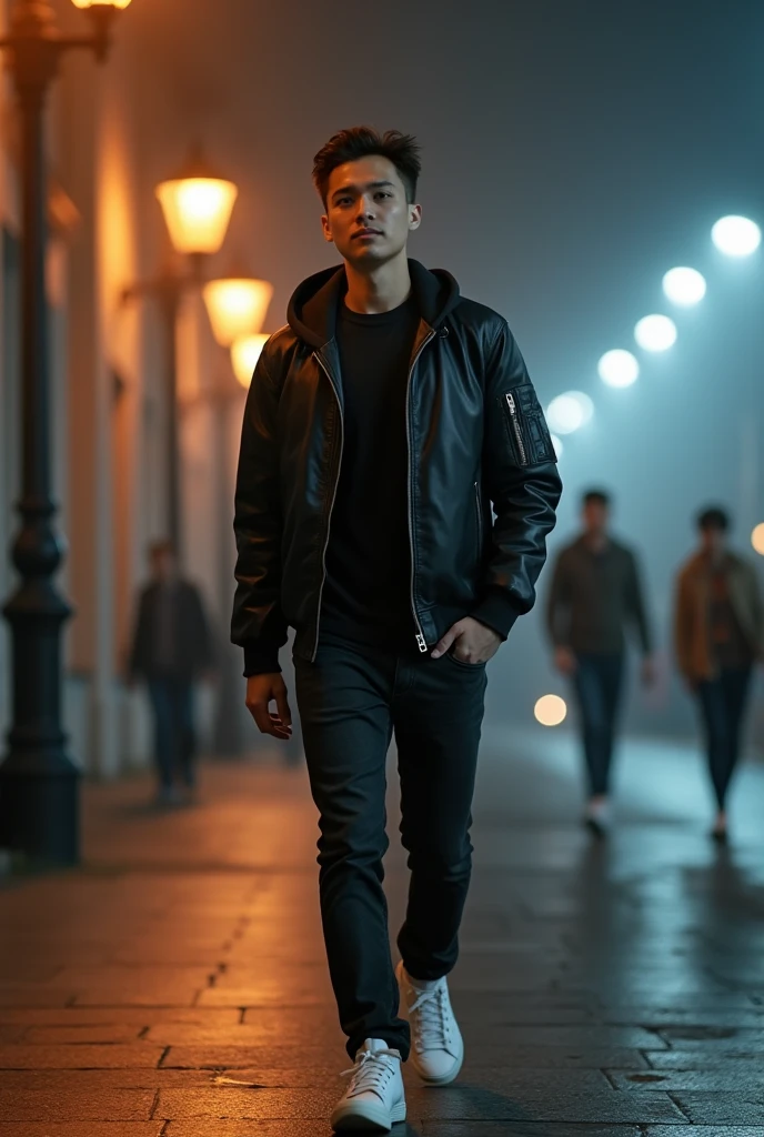 Young skinny asian man with neat short hair combed side, wearing black tshirt, leather jacket bomber with hoodie, black jeans and white sneakers. Walking on sidewalk, dramatical street lamp light, with misterious misty night cityscape, other Pedestrian is walk by at the distance. Other Pedestrians move make a motion blur effect, but high detail on main subject