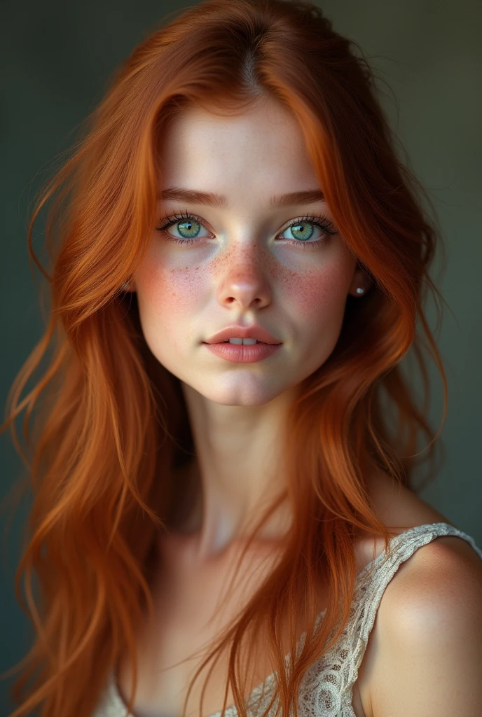 create a realistic full body image of a 15 year old girl with fair skin, red brown hair, emerald eyes, Delicate face and