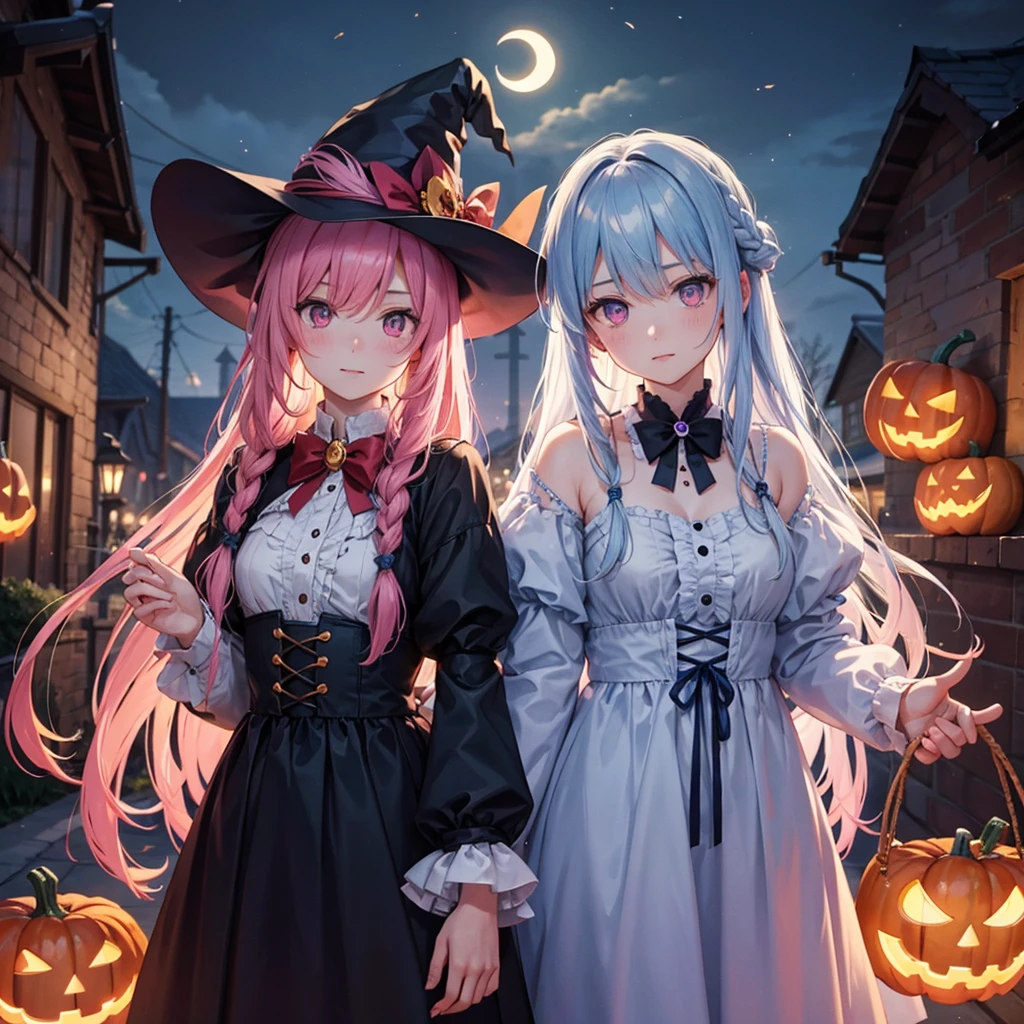 (Sky blue braided medium length hair), (Pink Eyes),Fair skin) ,(whole body),(One Girl),(Crescent Moon),(There are many pumpkin ghosts in the background),(Trick or Treat),Halloween Party),(masterpiece, Highest quality, Very detailed, Best Shadow), (Detailed Background), (Beautifully detailed face), High Contrast, (Best lighting, Very delicate and beautiful), ((Cinematic Light)), Hyper Detail,8k, Dramatic Light, Intricate details,witch'Clothes,Magic broom,night,Flying bats in the sky,