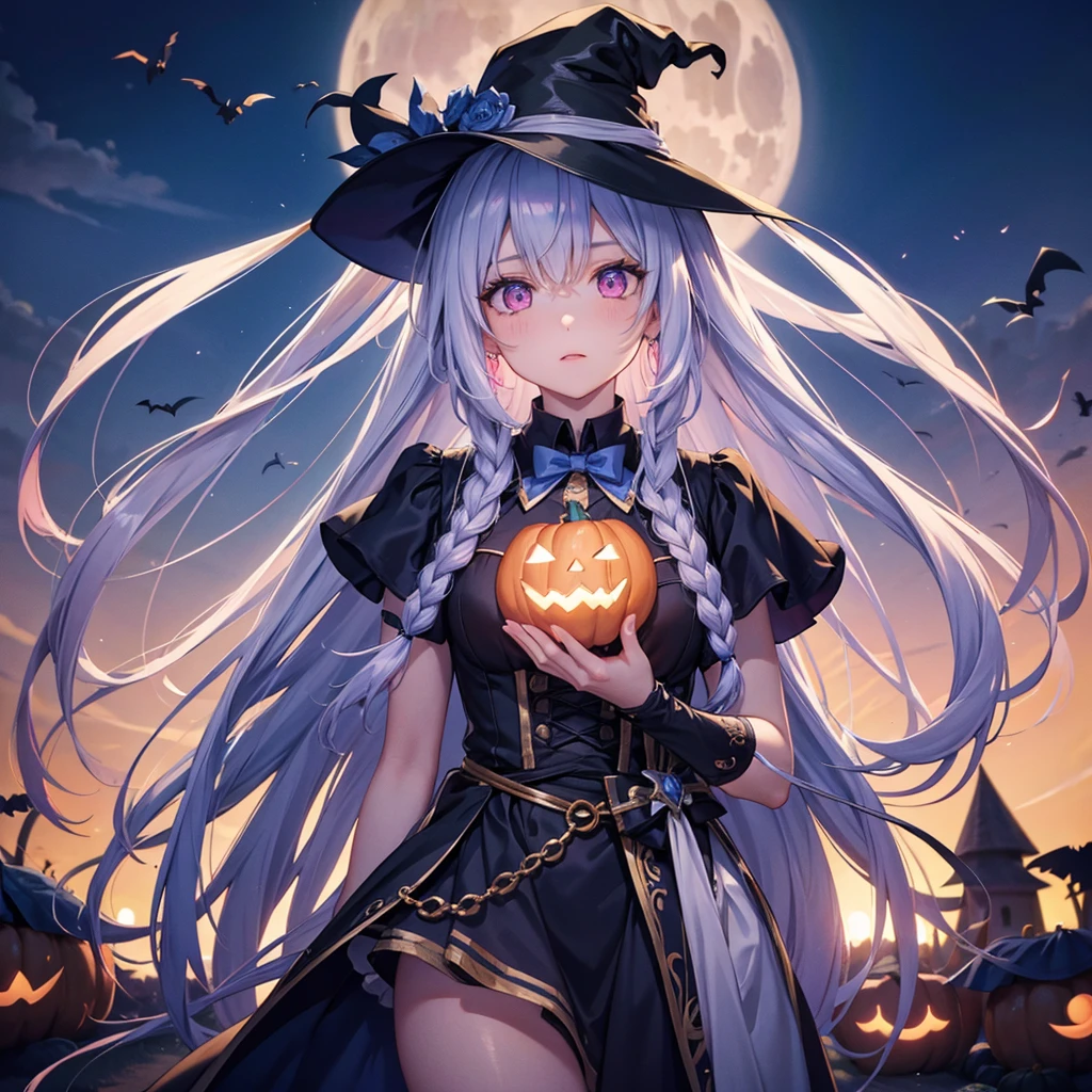(Sky blue braided medium length hair), (Pink Eyes),Fair skin) ,(whole body),(One Girl),(Crescent Moon),(There are many pumpkin ghosts in the background),(Trick or Treat),Halloween Party),(masterpiece, Highest quality, Very detailed, Best Shadow), (Detailed Background), (Beautifully detailed face), High Contrast, (Best lighting, Very delicate and beautiful), ((Cinematic Light)), Hyper Detail,8k, Dramatic Light, Intricate details,witch'Clothes,Magic broom,night,Flying bats in the sky,