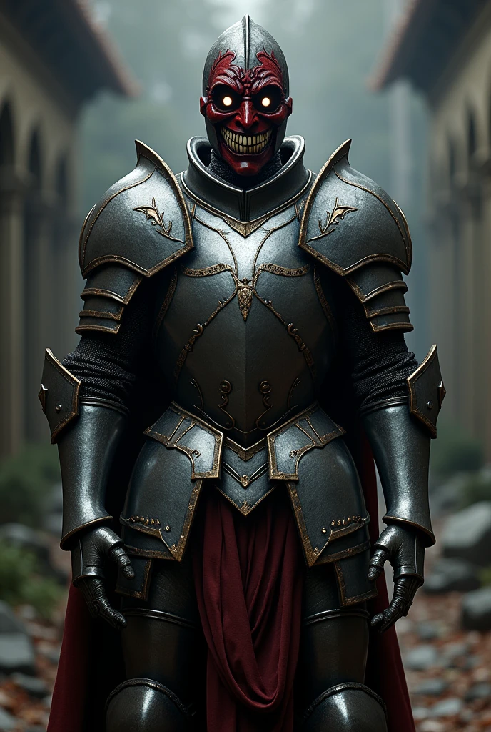 Knight in plate armor and a red and black smiling mask