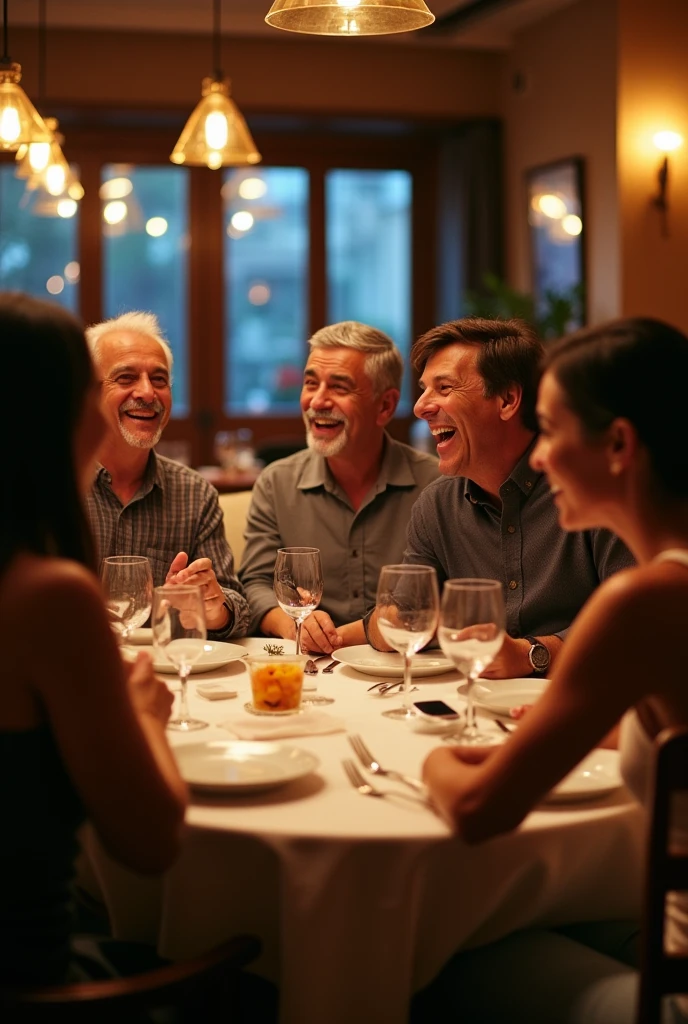 A wide photo of a group of 7 Latino friends, all about 50 years old, enjoying dinner at a fancy restaurant. They are laughing and chatting animatedly., with black hair and some gray hair. The scene captures a spontaneous moment, where friends are immersed in conversation, with natural gestures and relaxed expressions. The restaurant&#39;s lighting is warm and welcoming., creating a pleasant atmosphere.
