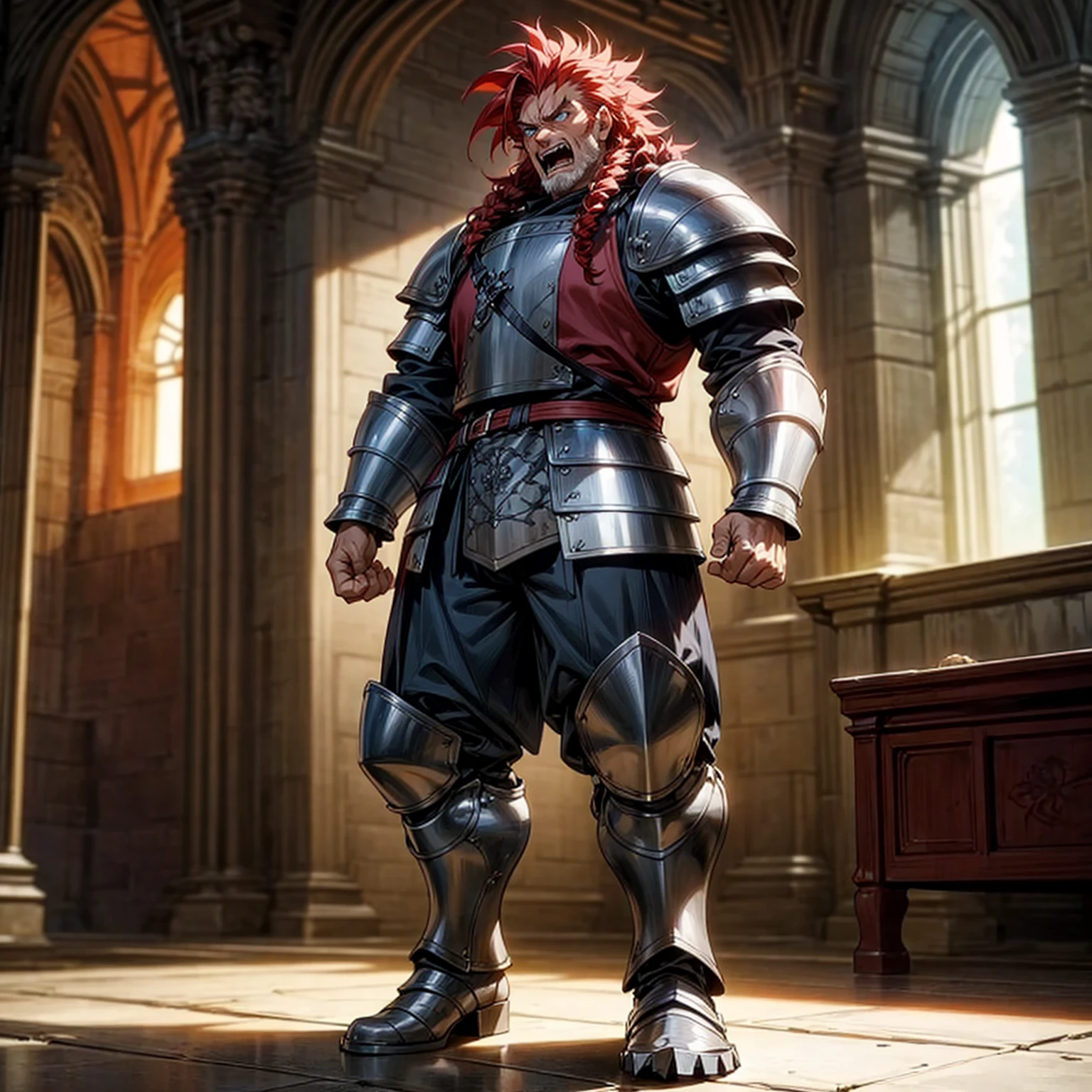 Solo character, full body version, old man, big muscle, blue eyes, red hair, long curly mohawk, casual clothing, heavy metal armor, short pants, Boots, indoor, Castle, medieval, morning, standing gesture, detailed background, detailed clothing, detailed hair, angry eyes, open mouth