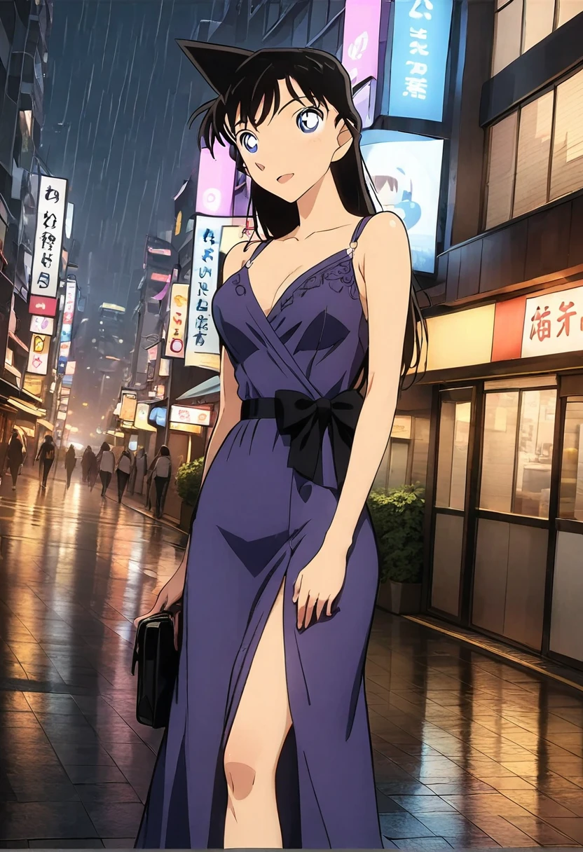 (Black Hair,Purple evening dress,8K,Perfect body,Ultra-clear,best quality, masterpiece:1.4),(Anime style:1.37),Tokyo Street,night, rain, wet,city View,,1 beautiful, full-body shot