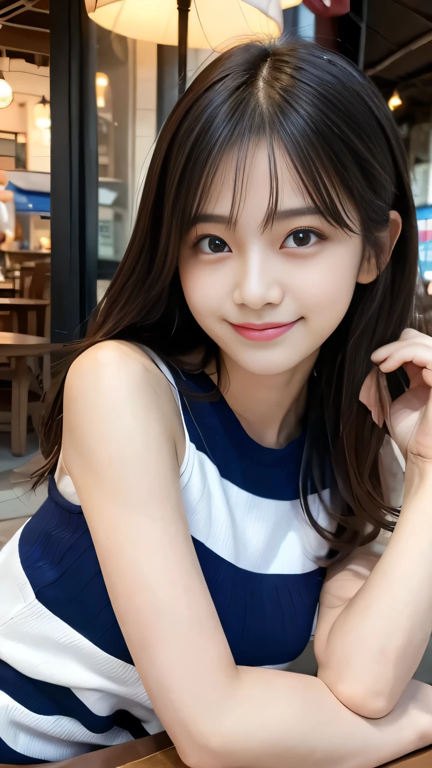 Masterpiece、Best Quality、Illustration、Super detailed、Fine details、High resolution、8K Denden Wallpaper、Perfect dynamic composition、Beautiful detailed eyeedium Hair、Small breasts、Natural color lip、Blue and white striped tank top shirt、Bold sexy pose、A shy smile、Harajuku Style、21 year old girl、Cute、Sexy shot looking at the camera、Cafe Terrace、