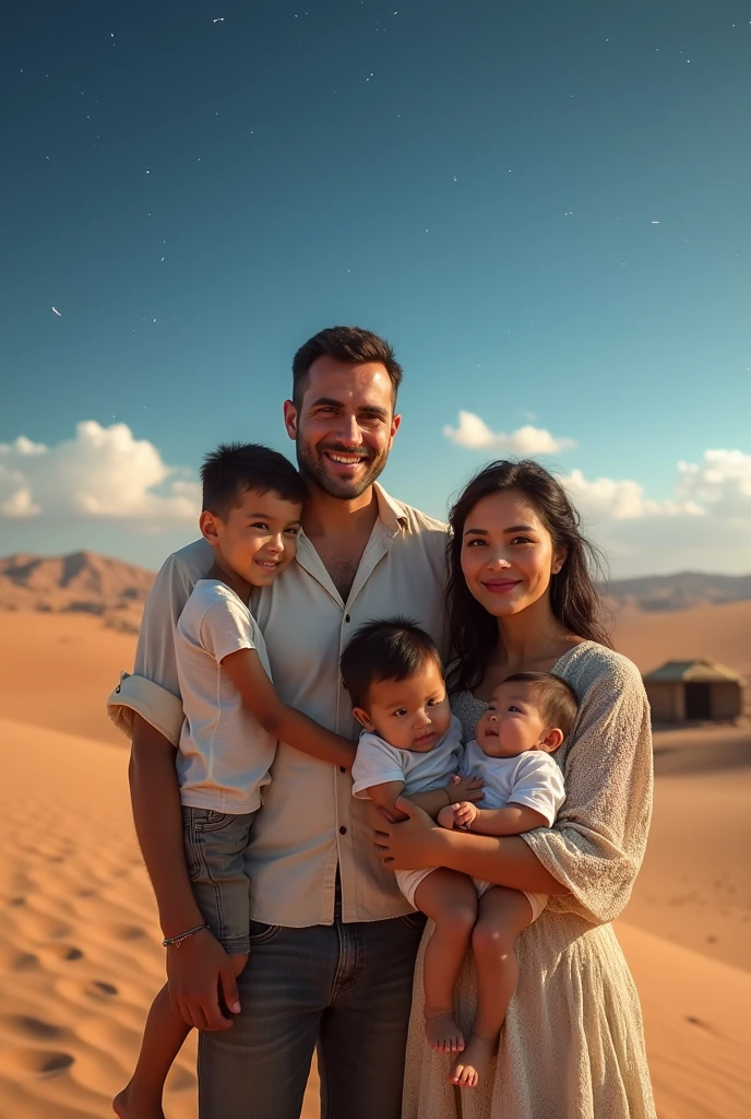 A photo of a thin, beautiful young mother with a Peruvian smile next to her young Peruvian husband, both wearing simple and light local clothes, and next to her three children, a seven-year-old boy, a five-year-old girl, and a one-year-old baby in the woman's arms. In a vast land of the desert where their hut is located and light and meteors fall on them from the sky.