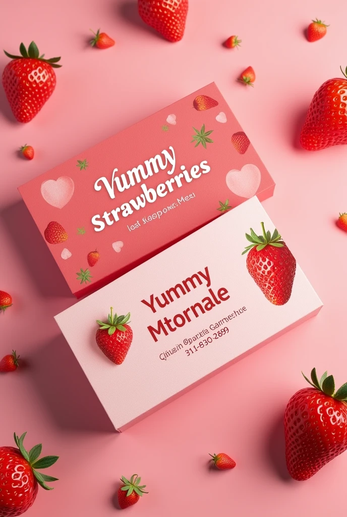 A business card for selling strawberries with the following name Yummy strawberries that has a pink background with strawberries. And at the bottom of the card contain phone number 3158302899