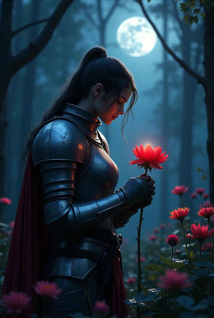 **Prompt:**

Create an image of a knight gently picking a flower in a dark forest, illuminated only by the light of the full moon. Details to include:

- **knightgirl**: A warrior with imposing armor, but with a soft and careful expression. Your armor must reflect the moonlight, highlighting metallic details and wrinkles that suggest use. 
- **flowers**: A vibrant red flower with subtle blue accents, that stands out against the dark background of the forest. The flower should look delicate and luminous., with the moonlight enhancing its colors.
- **enviroment**: a dense and gloomy forest, with tall trees and a land covered in leaves and shadows. The only source of light is the full moon, that casts a silvery glow, illuminating the knight and the flower he is picking.
- **Lighting**: The moonlight should create a dramatic contrast with the darkness of the forest., focusing attention on the knight and the flower. The light should give a magical and ethereal tone to the scene., highlighting the beauty of the flower and the serenity of the moment.

The knight must convey a gesture of kindness and respect, in harmony with the quiet and mysterious atmosphere of the forest under the moonlight.