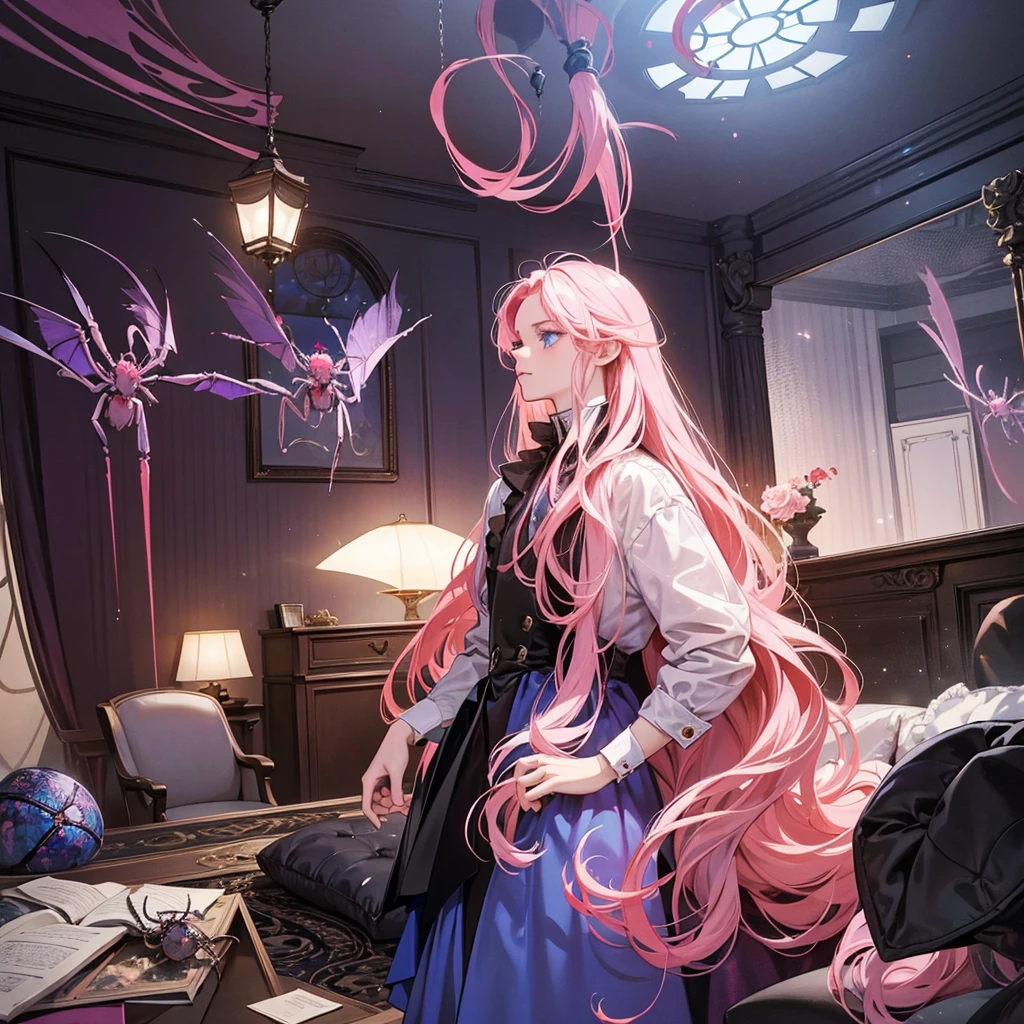 character: Aaron, with long pink hair, blue eyes.
outfit: Modern and current clothing.
bottom:
Left Half: A horrible room, with spiders and cockroaches.
Right Half: A luxurious room for millionaires.
Character Position: Aaron en el centro, divided between the two rooms.