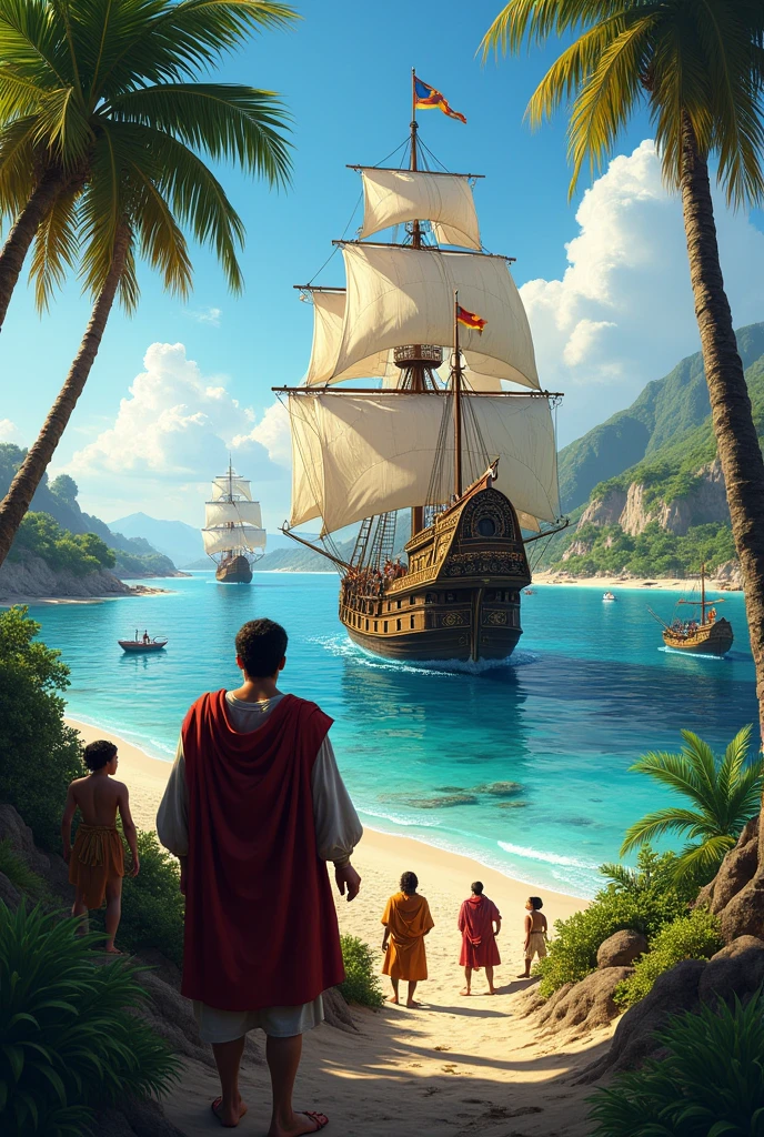 The arrival of the Spanish and Christopher Columbus for the first time in America 