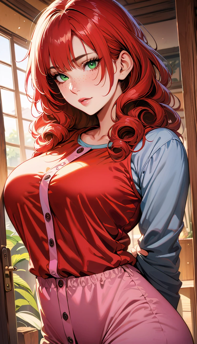 (high quality, 8k, 4K, high contrast, artwork:1.2, high quality, best aesthetics), (centered), ((1 woman)), erotic, sensual, mature body, grown woman, super detailed, beautiful face detailed, beautiful eyes detailed, detailed beautiful mouth, perfect big breasts, (long curly red hair), (green eyes), (freckles), (black eyeliner), (pink eyeshadow), (relaxed expression), (facing the camera), (penetrating gaze), (standing), (straight body posture), (hands behind the back), (angle from the front of the woman), (front view), (casual home clothes), (inside a house)