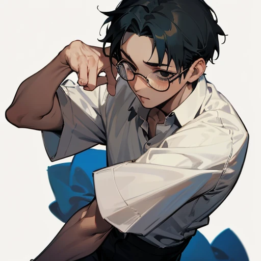 ((best quality)), ((masterpiece)), (detailed), perfect face, 1boy, solo, young, scared, clear background, white shirt, eyeglasses, black eyes, black hair, short hair, ((WholeBody))