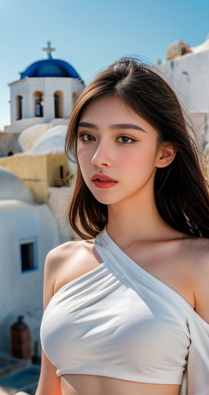 (a masterpiece, award winning photography, ultra detailed, photorealistic, realistic, 8k, highly detailed, cinematic lighting, dramatic lighting, high quality, sharp focus, intricate details, beautiful detailed eyes, beautiful detailed lips, extremely detailed face, long eyelashes, serene expression, natural lighting, soft colors, warm tones, cinematic composition, dramatic pose 1 girl, beautiful, wearing one shoulder hot fix cut out crop top in white, pose like a model, masterpiece, sunlight, detailed, 8k, white-washed buildings, and blue-domed churches, Santorini, Greece, big breasts)