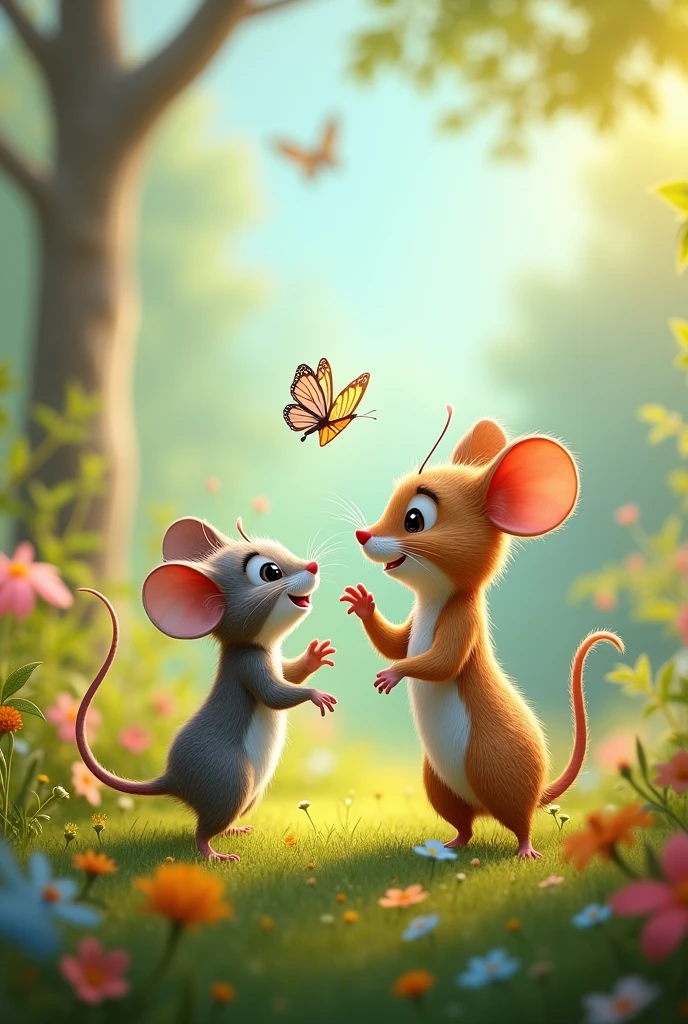 A butterfly and a mouse having fun